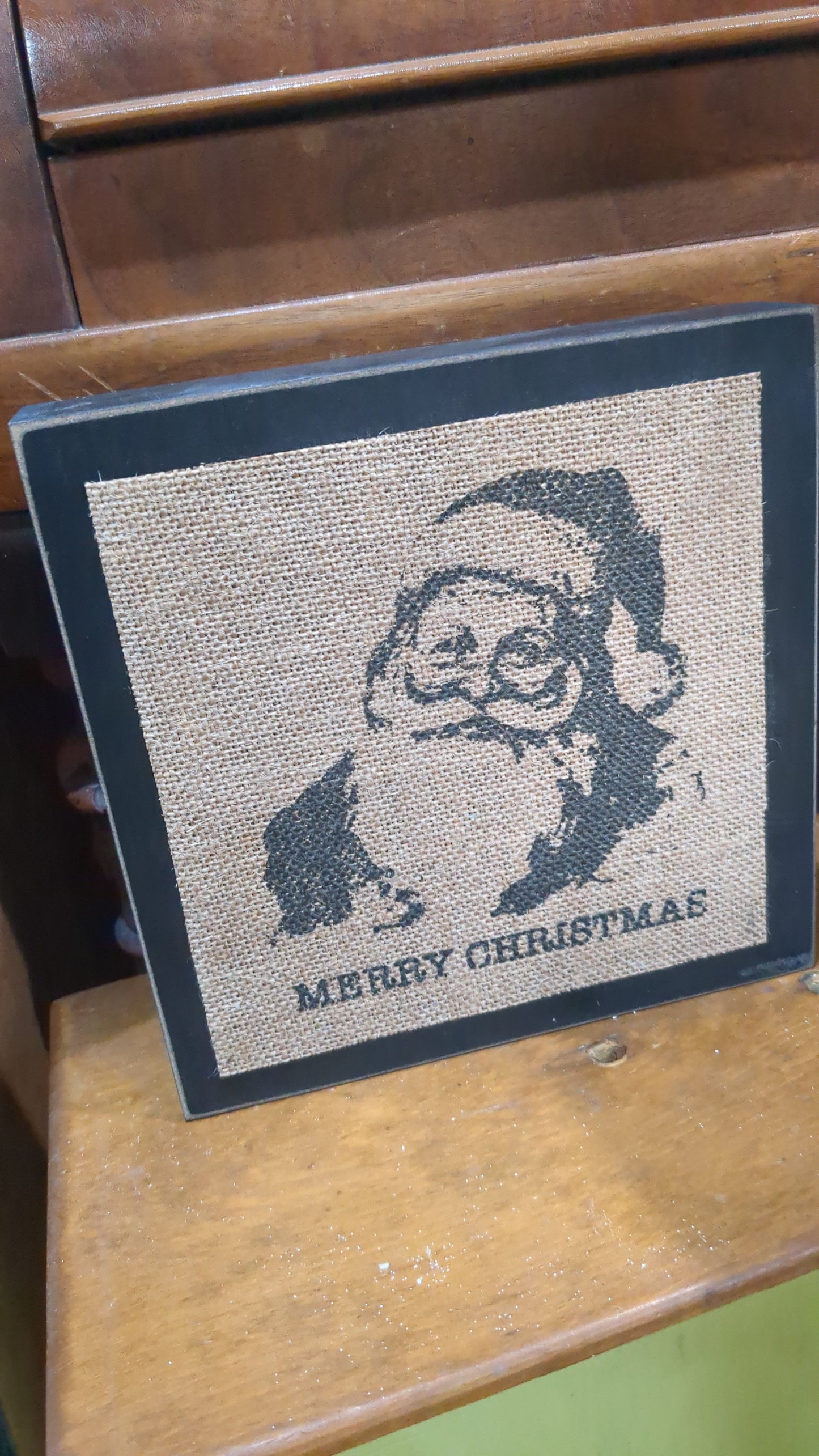 Stamped Burlap Merry Christmas Santa Box Sign