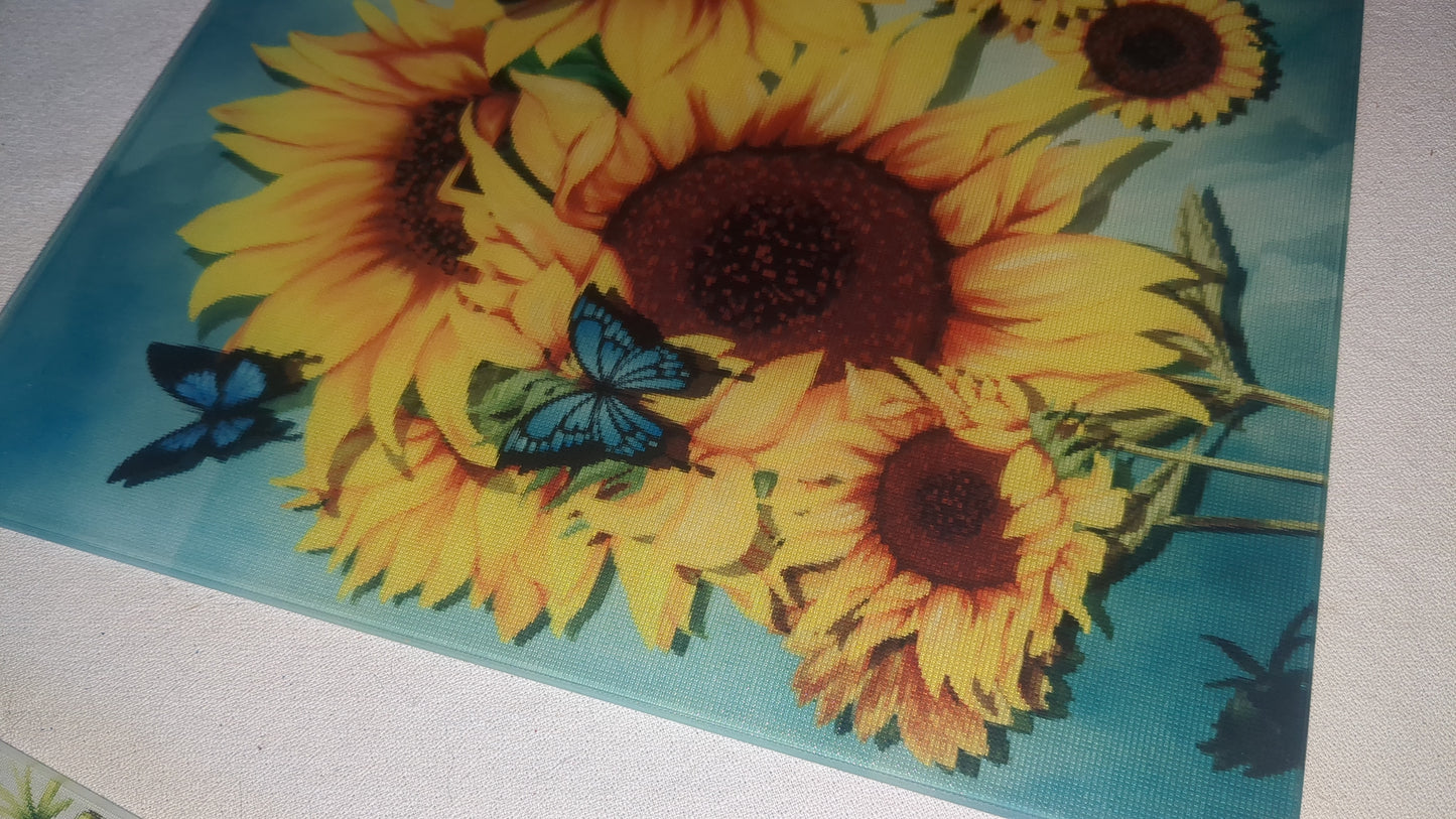 Glass cutting board with sunflowers and butterflies